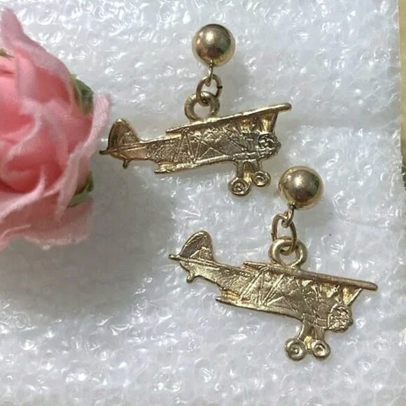 14k Solid Gold Hand Crafted Vintage Propeller Airplane dangle post earrings 1" - Picture 1 of 8